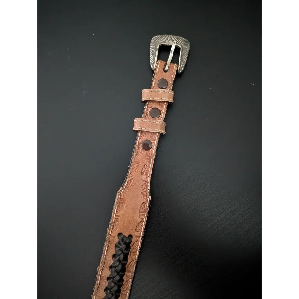 Vintage Womens Hand Tooled Leather Belt Western Woven Design 38